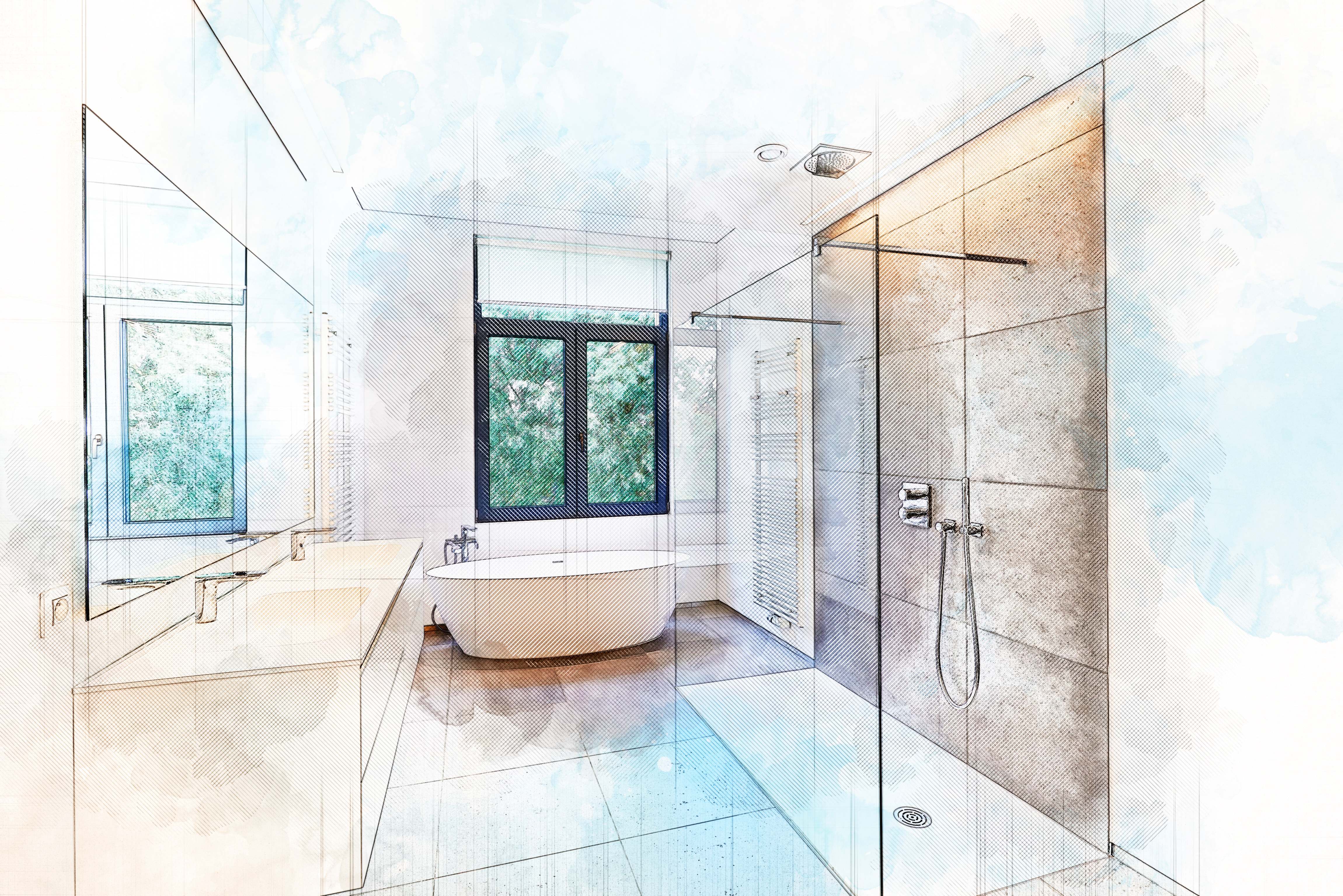 Skizzenhafte Planungsillustration eines modernen Bades mit freistehender Wanne und Walk-in-Dusche