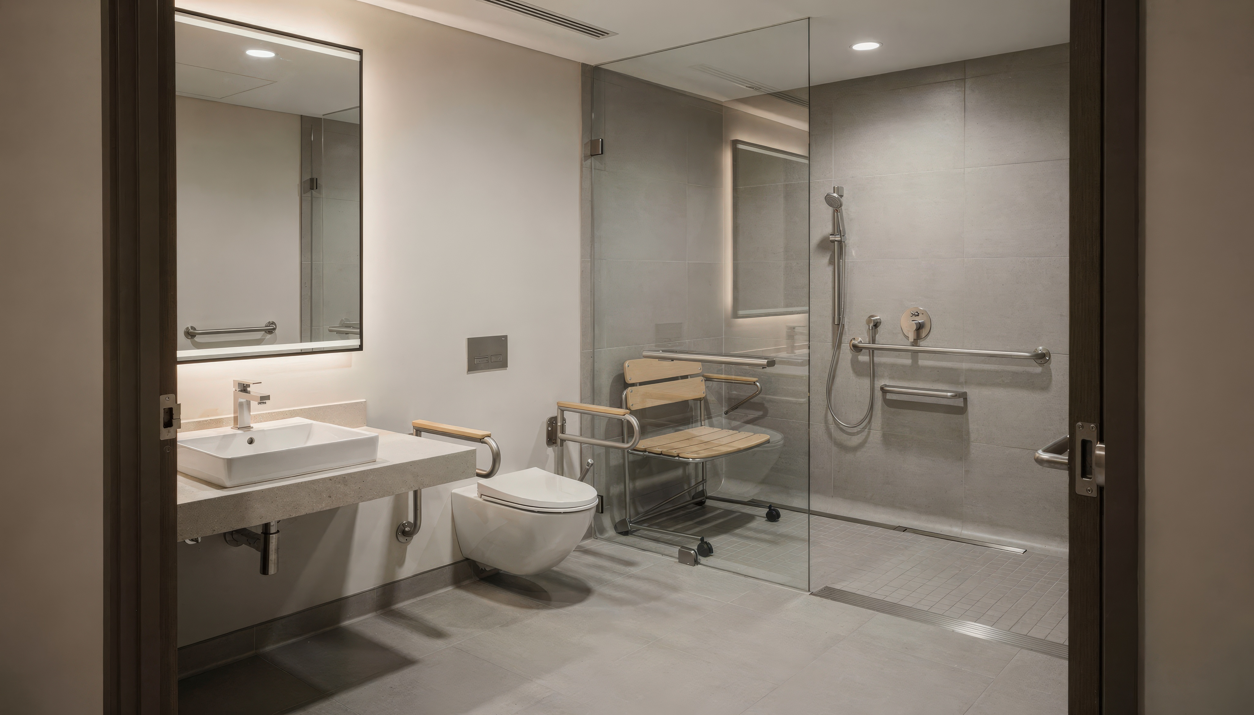 Großzügiges barrierefreies Badezimmer mit bodengleicher Dusche, Klappsitz und Haltegriffen