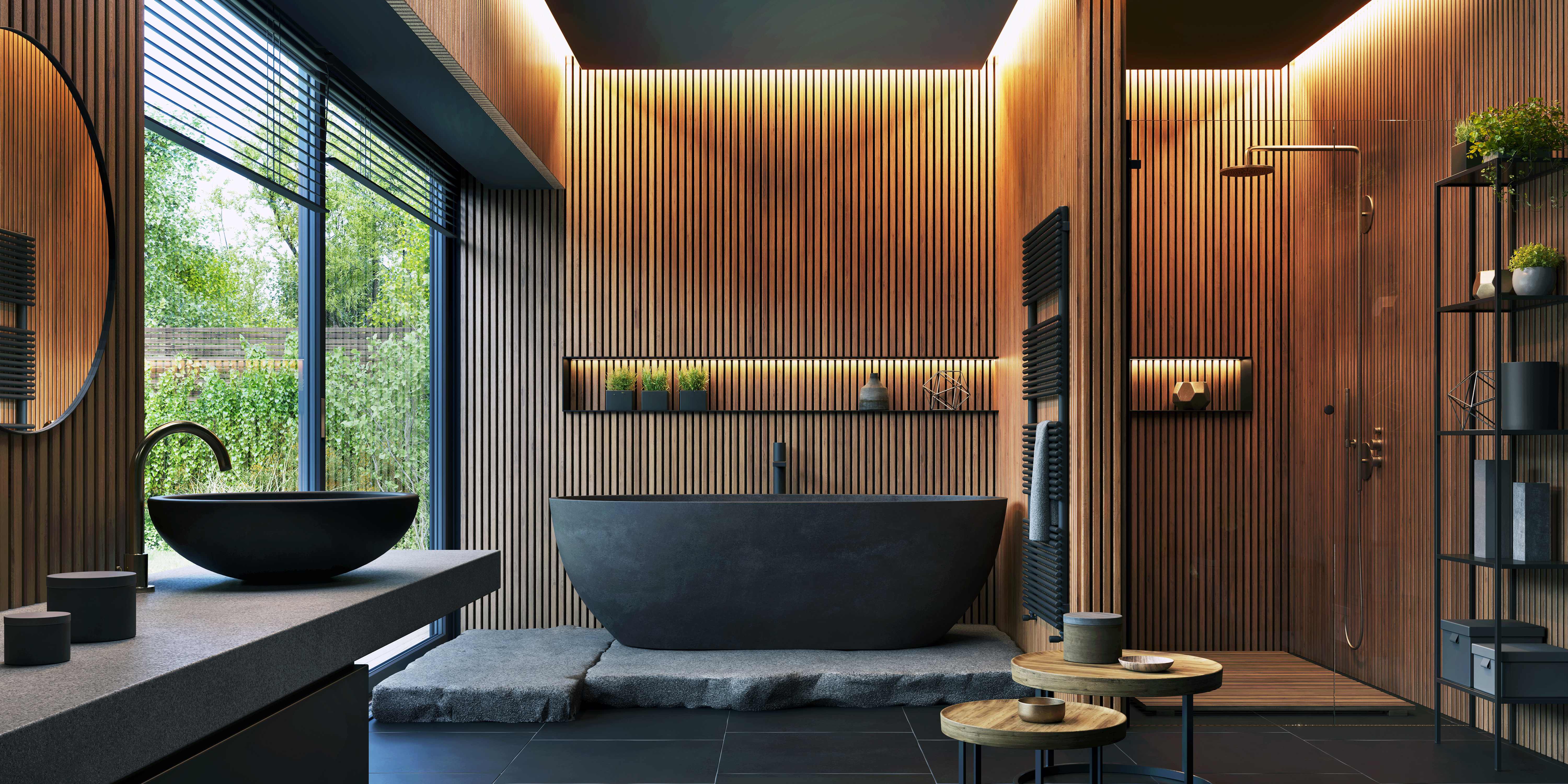 Luxuriöses modernes Badezimmer mit freistehender Wanne, Holzwand und Walk-in-Dusche