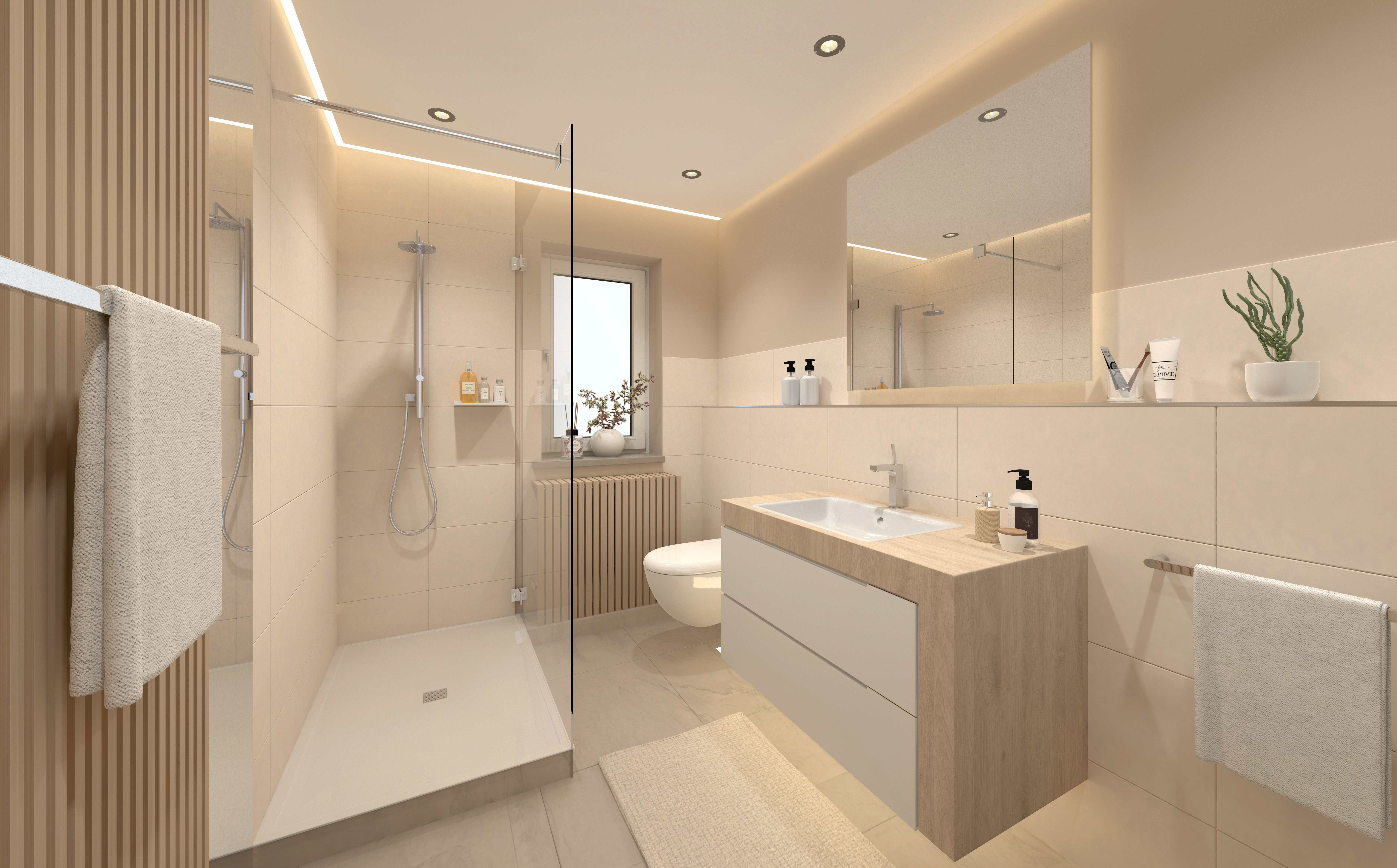 Fertig saniertes, helles Badezimmer in warmen Beigetönen mit Walk-in-Dusche und Waschtisch